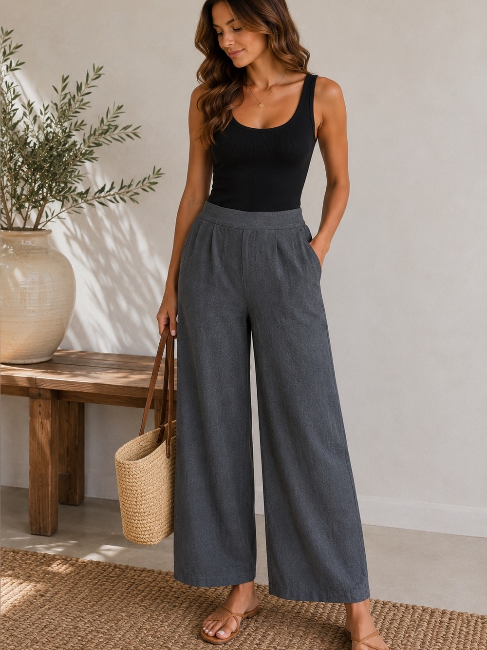 Women’s Wide-Leg Linen Blend Pants - Gray